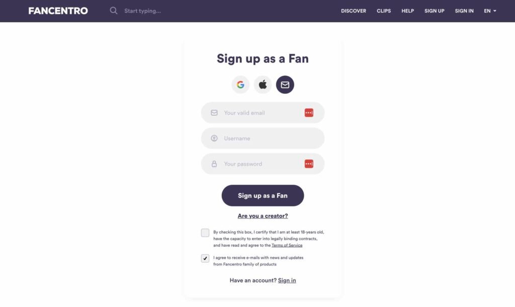sign up fancentro